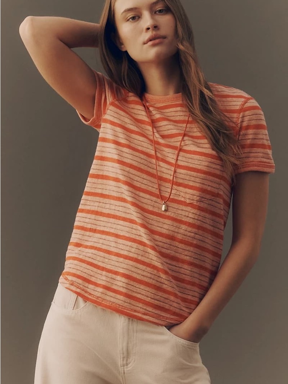 Pilcro earn your stripes Orange & Cream Striped Short-Sleeve cotton tee large